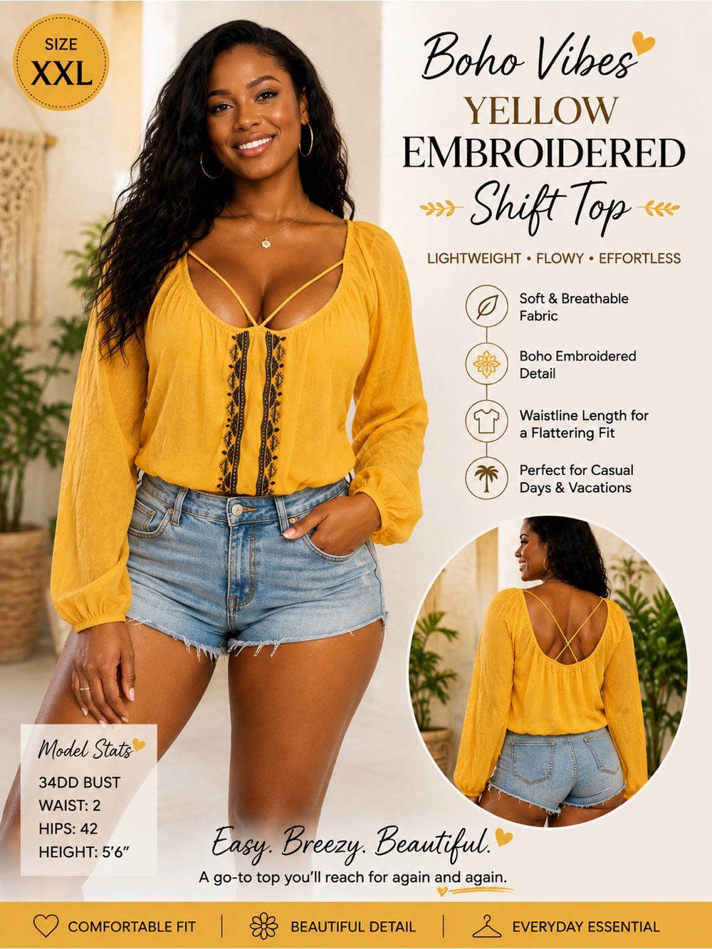Xhilaration Bright Yellow Embroidered Peasant Tunic